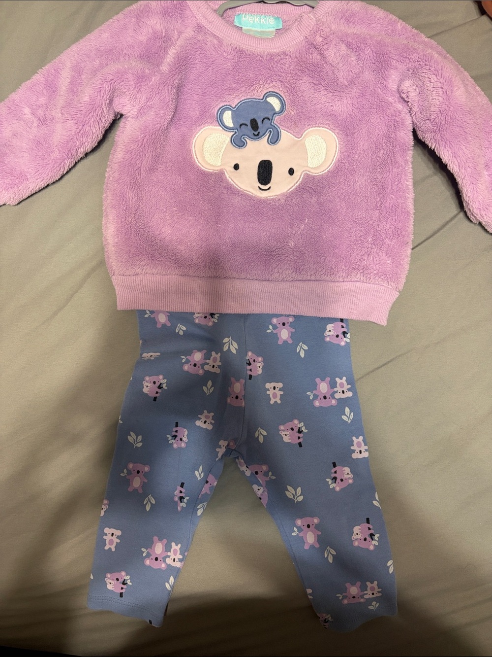 Plush Lilac Koala Pajama Set for Kids - Lilac Top & Blue Leggings